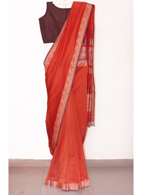 Rust, Handwoven Organic Cotton, Textured Weave , Jacquard, Work Wear, Saree